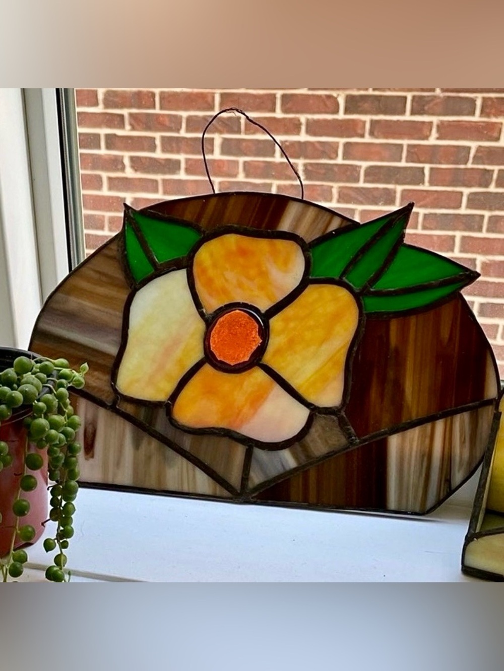 ⚡️SALE⚡️🌼 Vintage Stained Glass Hanging Panel Sun Catcher - Yellow Orange Flower - Picture 8 of 10